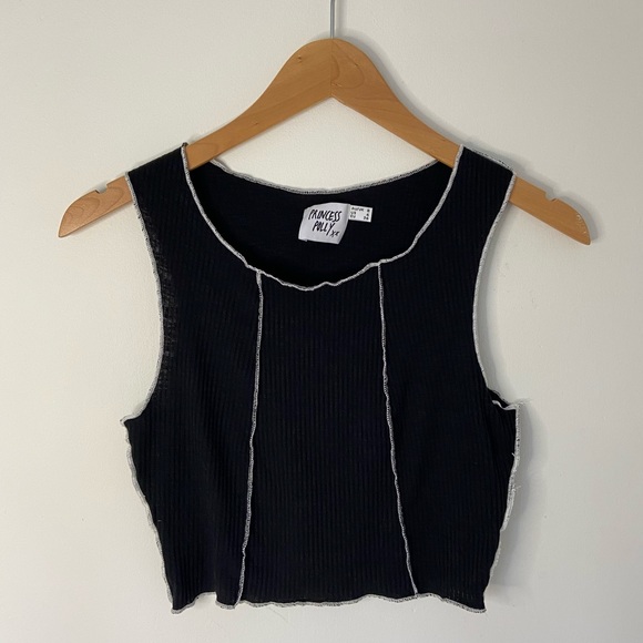 Princess Polly Black Crop Top with White Seams - Picture 1 of 7